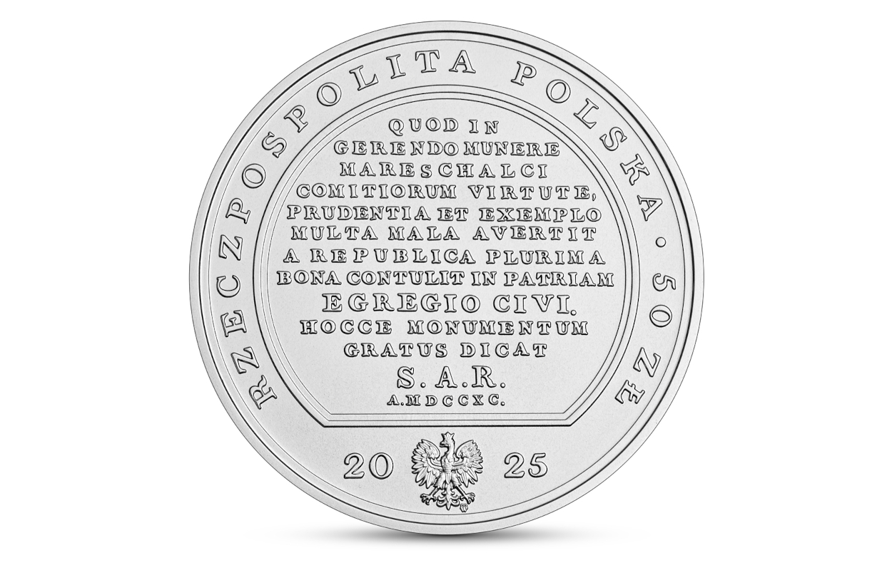 Na rewersie monety widnieje popiersie przeniesione z medalu w lewym profilu